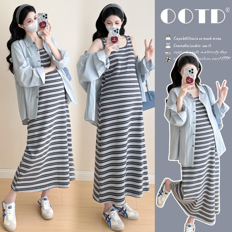 Maternity Autumn Suit 2025 New Fashion Knitted Striped Vest Dress Lazy Style Shirt Two-Piece Set