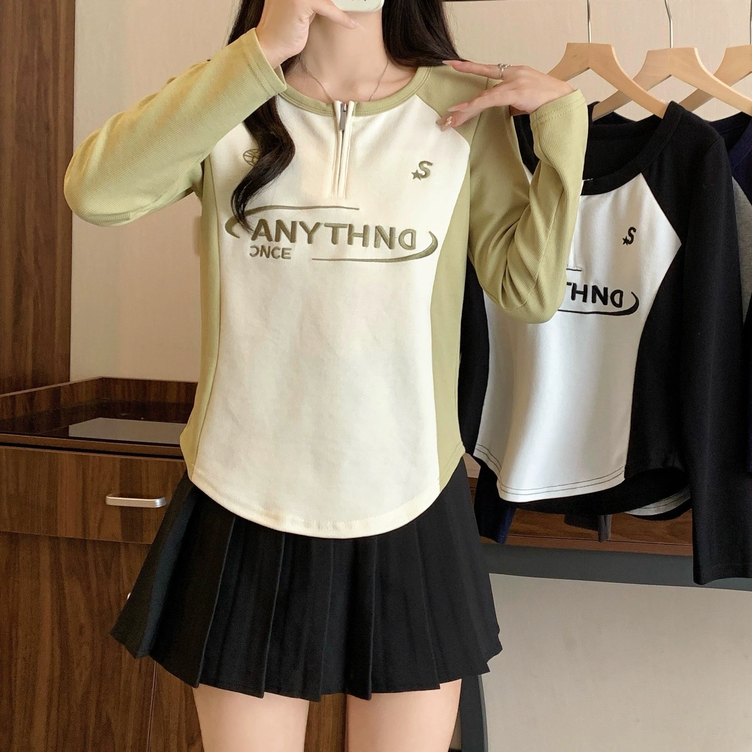 Большой размер женской одежды 2025 Новый год с полузастежкой-молнией с длинными рукавами принтом