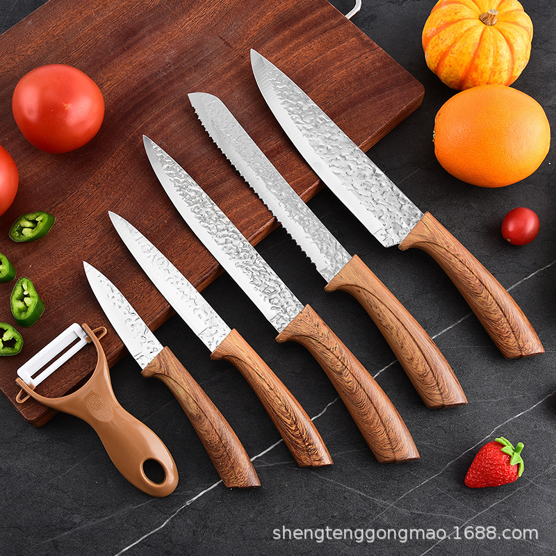 Fabricante al por mayor de utensilios de cocina de acero inoxidable 7 piezas de espejo de martillo de martillo de mango de revestimiento cuchillo de cocina cuchillo de pan conjunto de utensilios de cocina