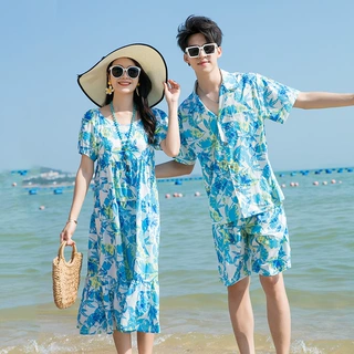 亲子装一家三口夏季母子海边度假印花衬衫母女长裙薄款沙滩连衣裙