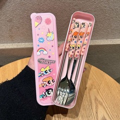 飛天小女警正版304ステンレスセラミックスプーン箸かわいい寮家庭用携帯食器ケース