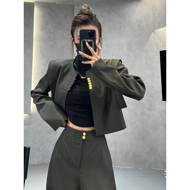 国风复古时尚套装女盘扣设计长袖短款外套高腰百搭裤子秋装两件套|undefined