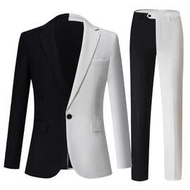 欧美尺码男士西服套装黑白拼色西服两件套