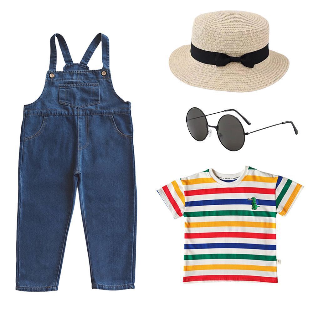 Kindergarten Clothes Children's Summer Rainbow Striped Short-sleeved Blue Strap Shorts Sunshade Suit Class Clothes Western Style Baby