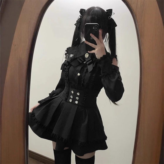 Sweetheart Encounters Dark Mine Series Production Girl's Three-color Shoulder Shirt High Waist Skirt Two-piece suit