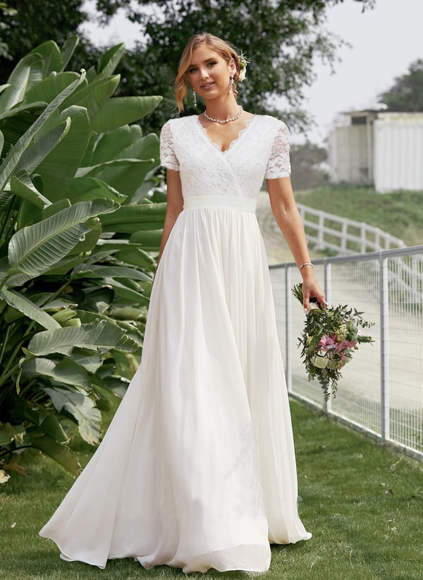 Europa y América Amazon 2025 borde de encaje costura cintura de gasa vestido largo con cuello en v vestido de novia vestido de noche image 6