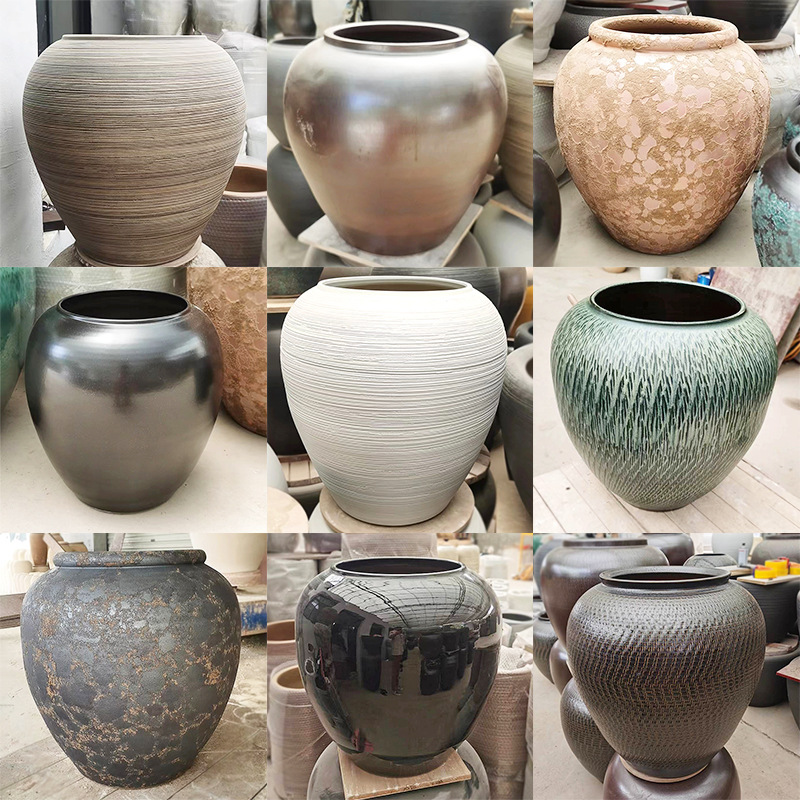 Japanese Style Retro Ceramic Countertop Vase Large Diameter Fleshy Flower Pot Living Room Simple Decoration Coarse Pottery Zen Decoration