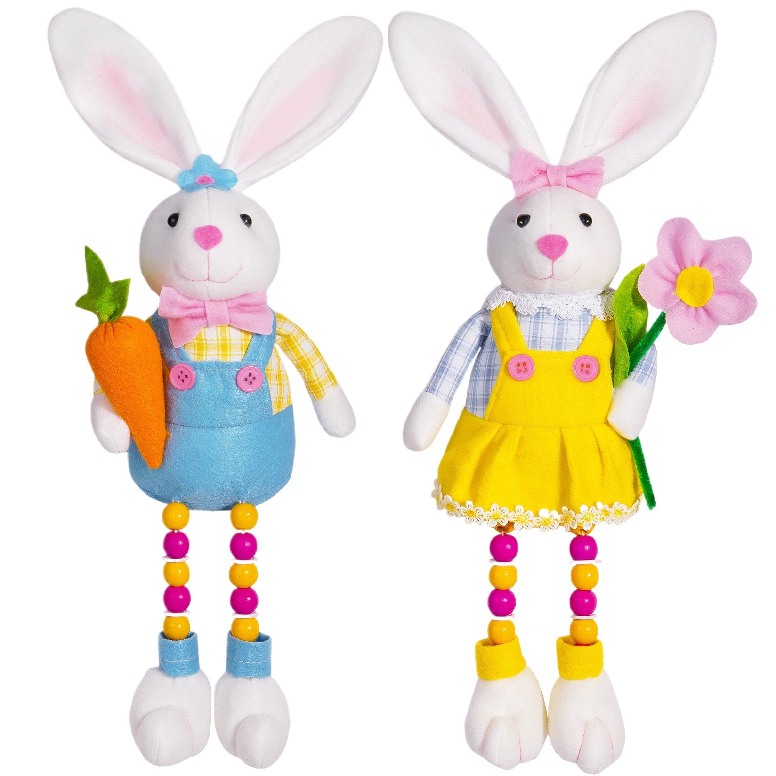 Nuevos productos transfronterizos muñecas de conejo de Pascua, flores de rábano, muñecas de conejo, piernas de perlas, adornos amarillos y azules, decoración festiva