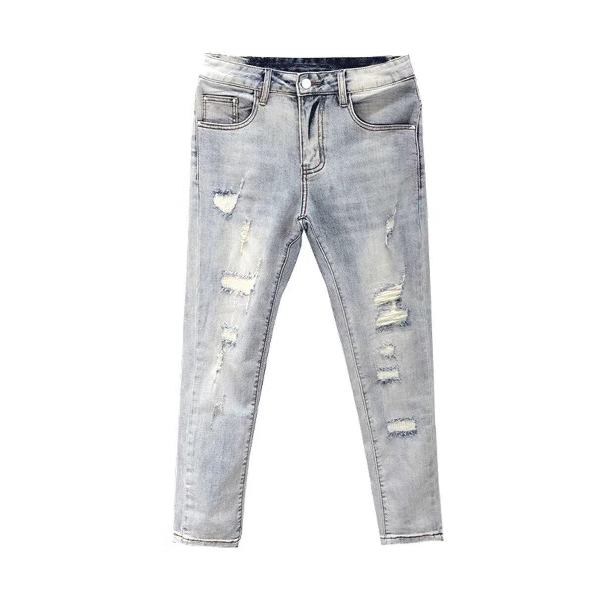 Men's Summer Thin Ripped Jeans Trendy Brand Slim Fit Korean Style Stretchy Casual Cropped Pants_mkmklike.com