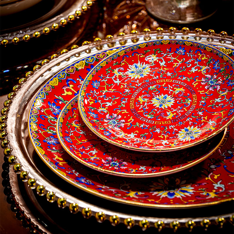 8inch Jingdezhen 홈 다이닝 플레이트 에나멜 컬러 세라믹 원형 플레이트 하이 엔드 콜드 쇼트 플레이트 스테이크 플레이트 식기 선물 도자기