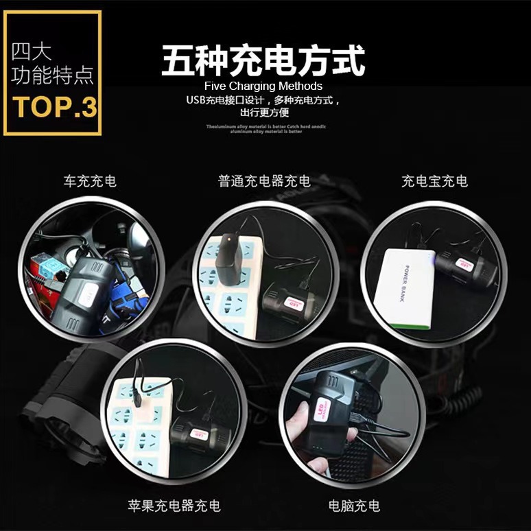 Cross-Border linterna de iluminación montada en la cabeza de 3 cabezas LED de luz fuerte Faro de carga Super brillante luz al aire libre de largo alcance