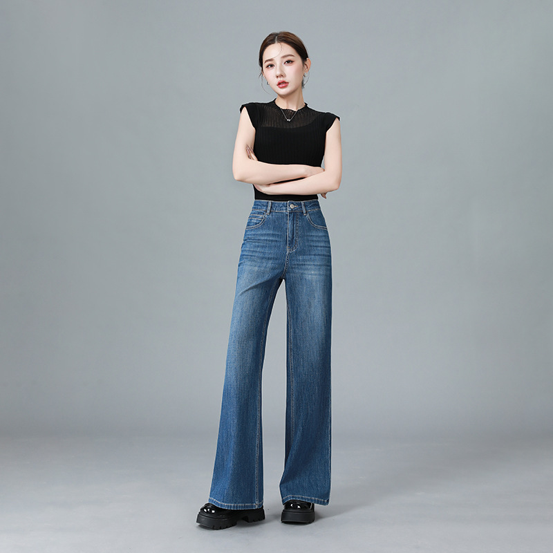 WDS High-end Denim Summer Thin Four-sided Elastic Straight Loose Flare Pants Comfortable Big-name Color Simple Denim Women