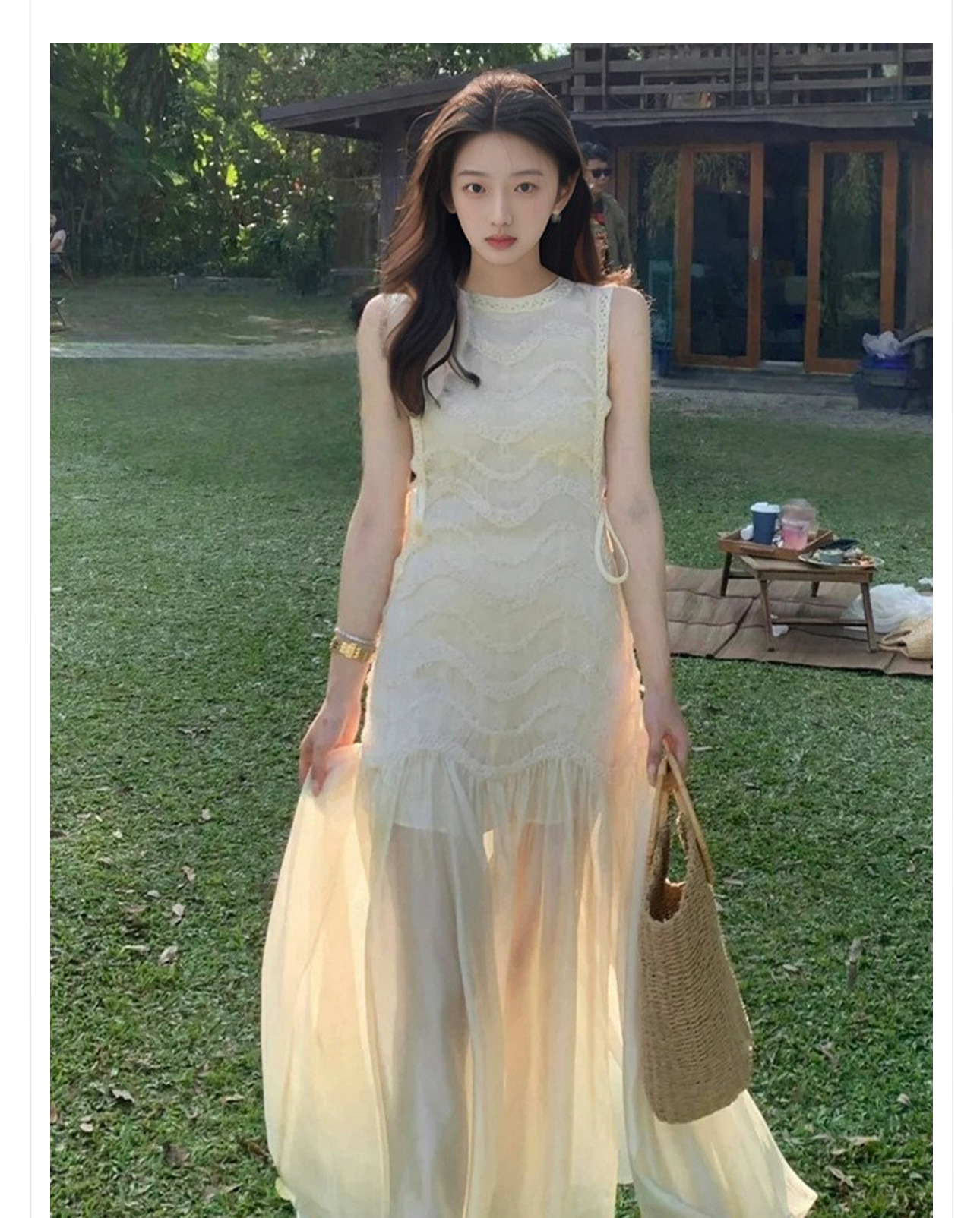 Đầm maxi nữ thắt eo phong cách Pháp cổ yếm ren lưới tay ngắn — màu trắng ngà chi tiết 2