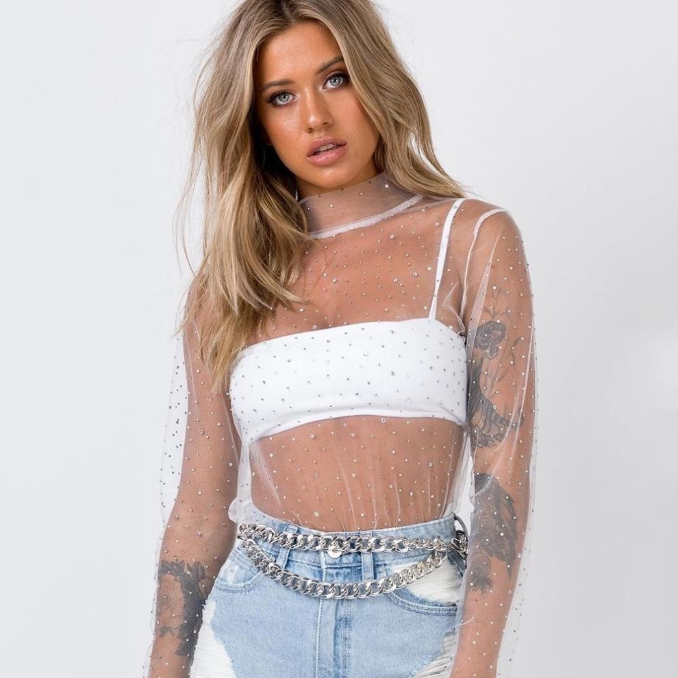 Women's Transparent Lace Mesh Top With Sequins See Through Stylish Layering Trendy Base Layer Top_ecoleips.com