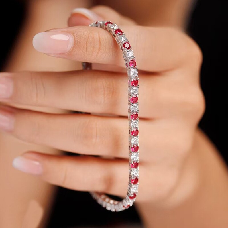 European and American Style S925 Sterling Silver Red and White Circular Zircon Bracelet with Full Diamond Inlay, High-End Feel, Cross-Border Hot-Selling Tennis Bracelet