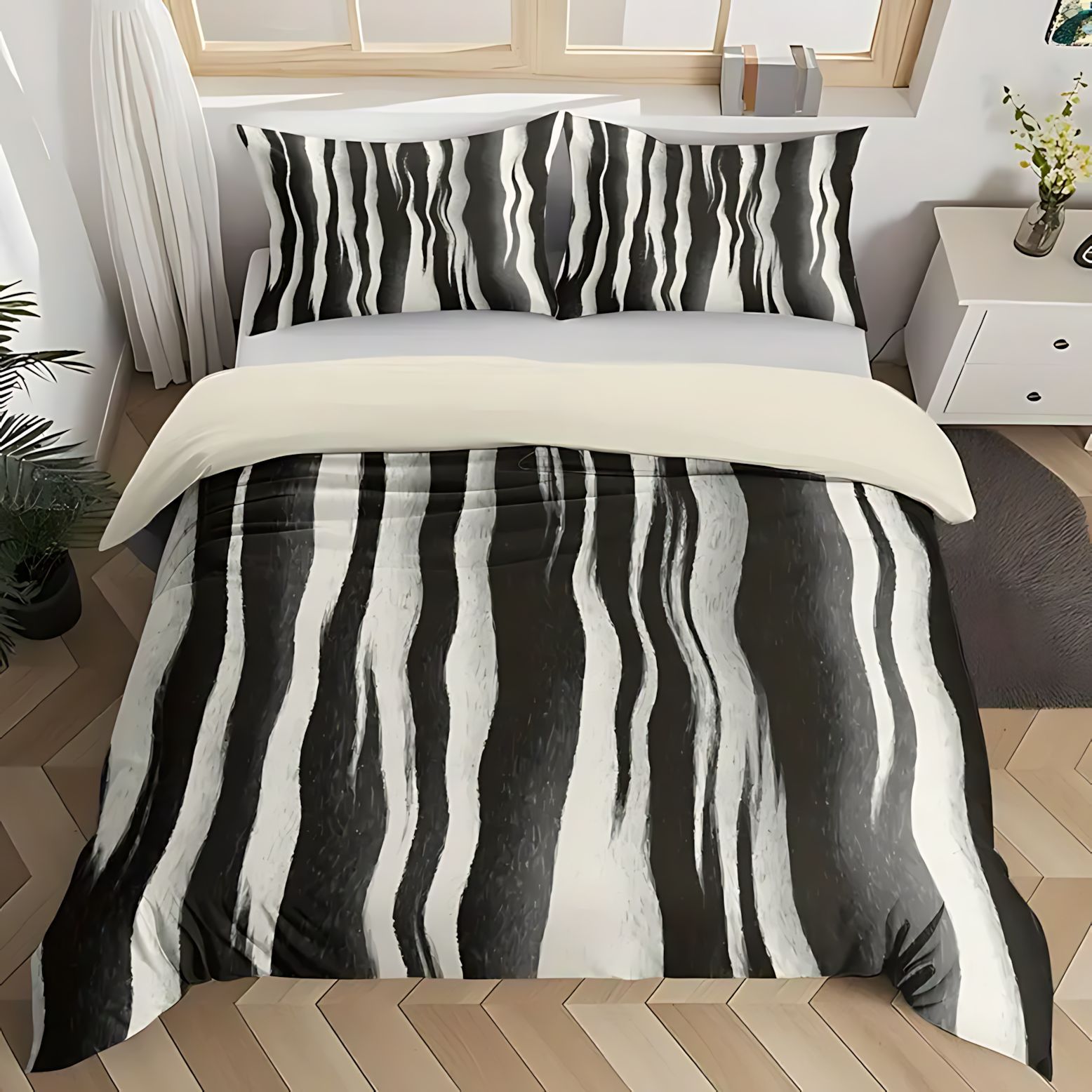 TEMU / JIT transfronterizo blanco y negro rayas de polirido impresión digital 3D colcha colcha colcha set para diseñar