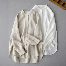 高端亚麻立领衬衫女秋季中长款文艺纯色简约宽松长袖开衫棉麻上衣