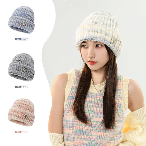 Gradient Striped Knitted Hat Autumn/Winter Colorful Woolen Hat Ear Warm Hat Warm Large Brim Cold Hat Face Slimming Overhead Hat