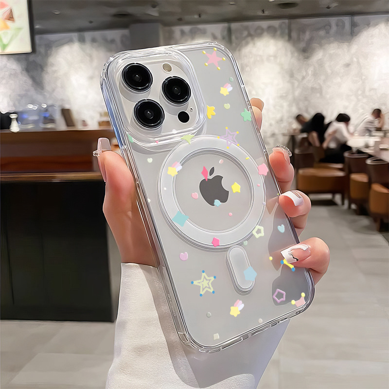 Colorful Star Magnetic Case Suitable for Apple 16 Pro Max Acrylic Large Hole Phone Case iPhone 17 Transparent 15