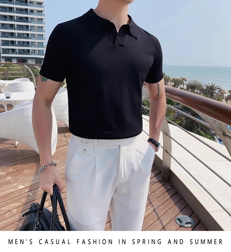 Men's Slim Fit Polo Shirt Silky Cotton Ice Silk Knitted Seagull Collar Short Sleeve Casual Workwear Trendy Sweatshirt_viptrois.com