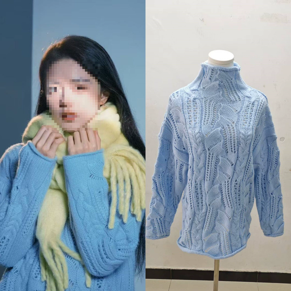 Длительное наличие на складе синего, черного, абрикосового и четырех других цветов к весне 2025 года, однотонный свитер с полувысоким воротником и вырезами в стиле знаменитости Чжао Цзинмай.