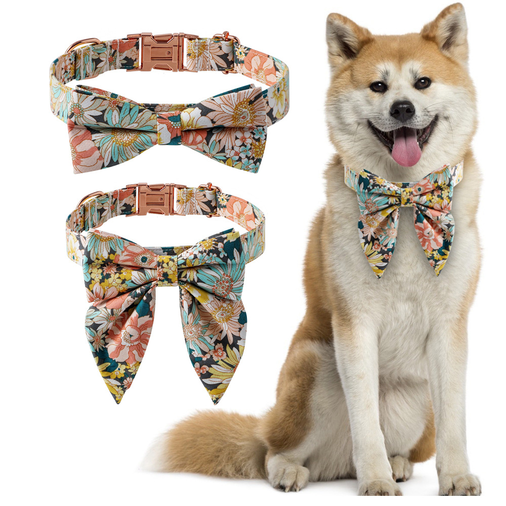 Fabricante TANPOPO en stock transfronterizo para collar de perro de algodón flores de oro rosa botones de arco de mascotas