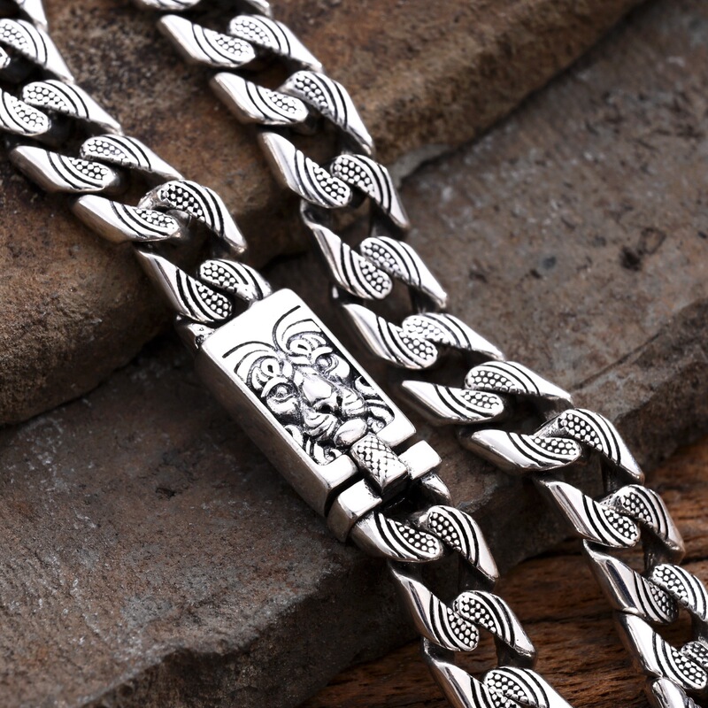 [New Tiger Bracelet] S925 Sterling Silver Water Ripple Cuban Chain Personalized Men's Zodiac Tiger Retro Bracelet