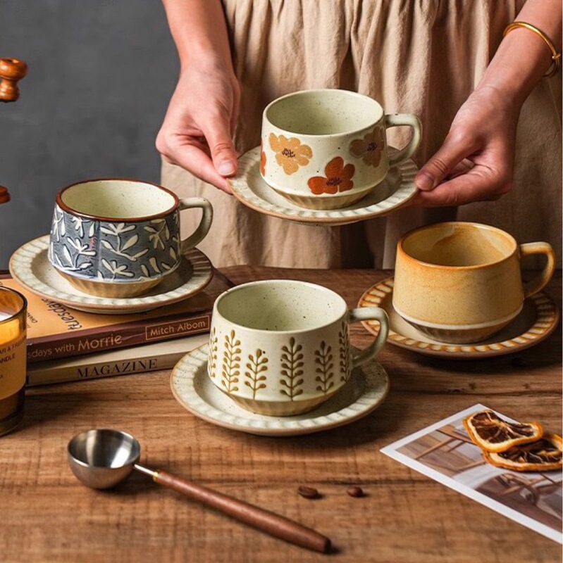 ♤ Retro Stoneware Coffee Cup and Saucer Set, Light Luxury Niche Design Style Ceramic Coffee Cup and Saucer