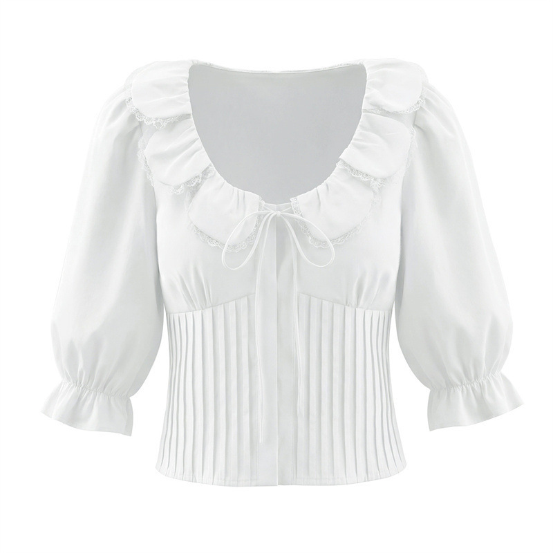 Sweet Girly White Shirt with Large Round Neck, Lace Splicing, Pleats, Stylish Slim Fit, Elegant Short Top for Women Sweet Girly White Shirt with Large Round Neck, Lace Splicing, Pleats, Stylish Slim Fit, Elegant Short Top for Women