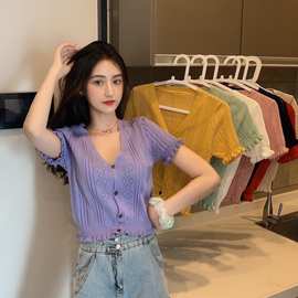 夏季2021新款韩版洋气V领镂空针织衫女短袖薄款打底开衫短款上衣