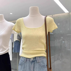 韓国の優しいスタイルのスクエアネック半袖セーター2025夏の新しいスタイルのシンプルでハイエンドのTシャツホットガールトップ
