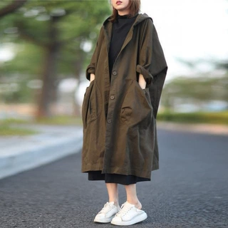 风衣女高个子秋季外套女过膝宽松女装连帽工装长款大衣女英伦风