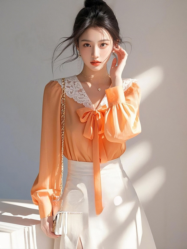 Orange Lace Lace Lace Long Sleeve Chiffon Shirt Women's 2025 Spring New Style Thin Unique Beautiful Small Top