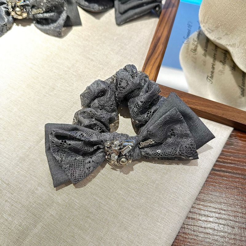 韩版发抓新品灰色布艺蝴蝶结鲨鱼抓夹蕾丝拼接布艺扎马尾发圈发绳|undefined
