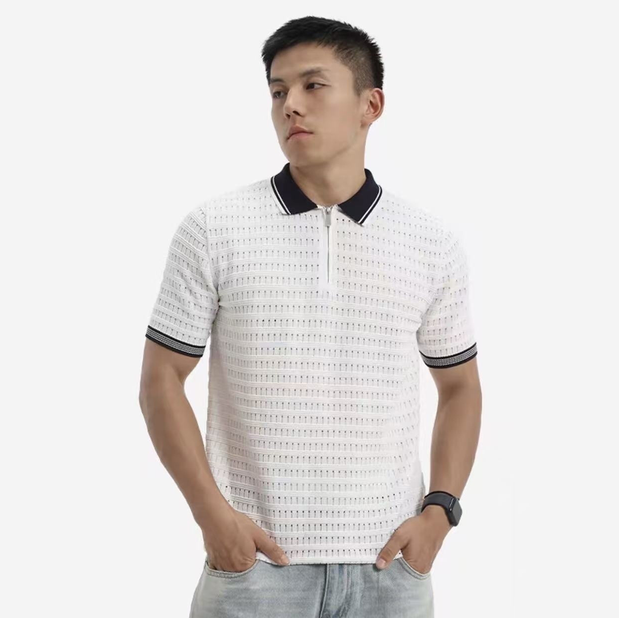 Camisas de polo de manga corta de estilo antiguo, camisetas de textura hueca para hombres, camisetas de verano al por mayor.
