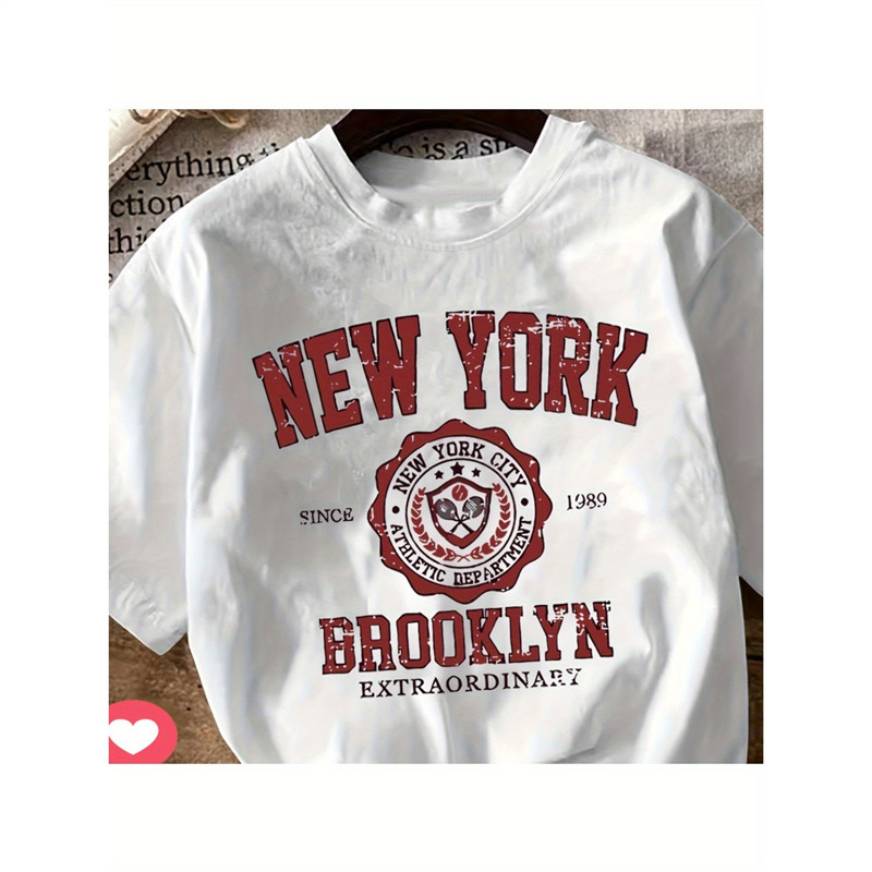 Cross-Border Popular T-Neck Cotton T-Shirt Four Seasons New York Print】Top-Shirt Comfortable【T Women-Short-Sleeved Crew