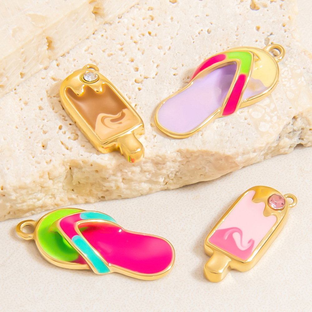 0.03µm-0.05µm Gold Plating Thickness 1 Piece 304 Stainless Steel PVD Coated Real Gold Plated Slippers Apple Ice Cream Polished Pendant DIY Ornament Accessories