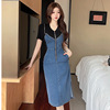 Short sleeved contrasting color fake two-piece denim casual women's hip wrapped dress