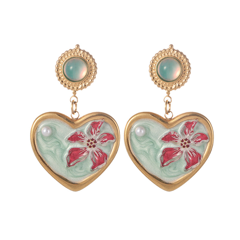 TENA estilo francés estilo medieval esmalte pintado estilo amor pendientes de mujer retro goteo de aceite ligero lujo alta sensación de pendientes