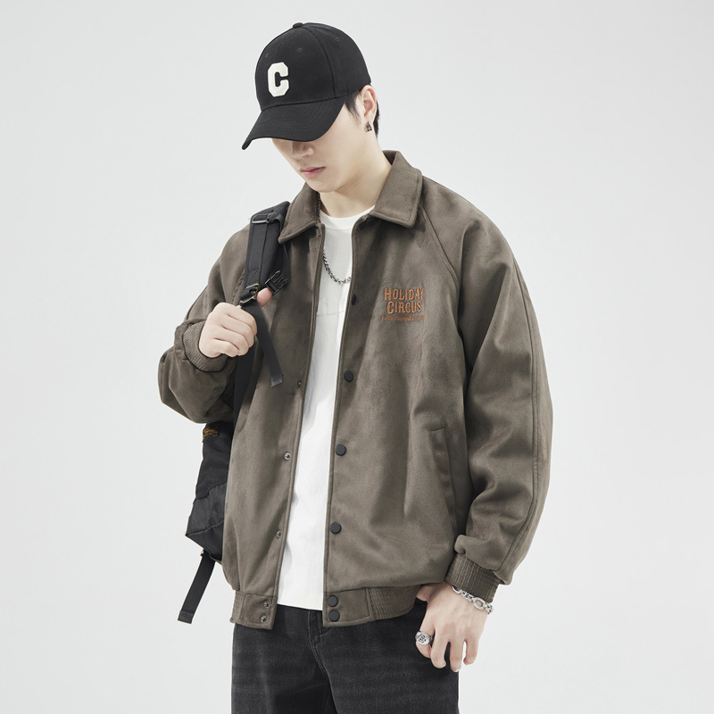 Veste de baseball à revers en fourrure de cerf vert gris pour hommes, ample, tendance automne et hiver, 380 g, américaine_voghion.com