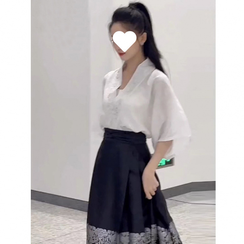 大きいサイズの新しい中国風の馬面スカートスーツ女性の夏の毎日の通勤改良された漢服 2025 新しいスタイル|undefined