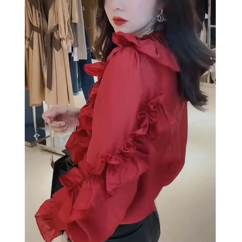 9857 Daai Mei Yiyuan 2025 Autumn New Round Neck Pleated Ruffle Long Sleeve Women's Shirt Red Blouse_ecoleips.com