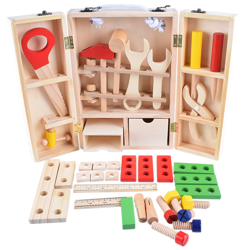 Caja de herramientas de madera para niños, niños y niñas, juegos de casas, educación temprana, juguetes educativos, simulación de madera, juguetes de reparación de bricolaje