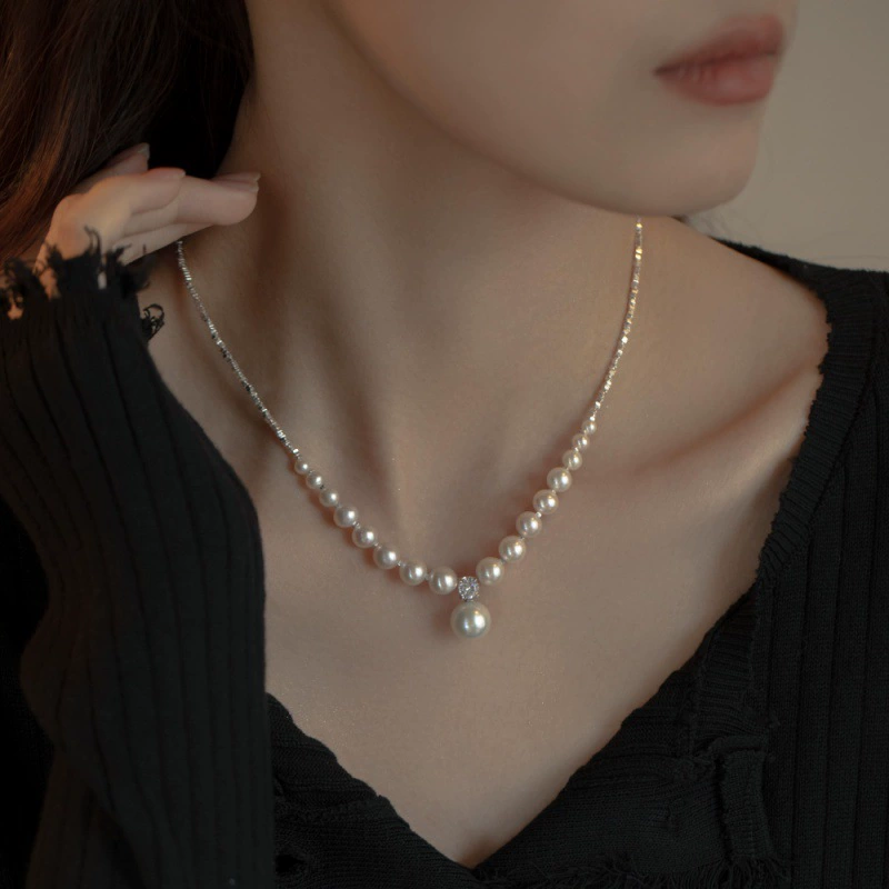 Fashionable organic necklace from pearl, chain for key bag , 925 sample silver, light luxury style, high-quality style