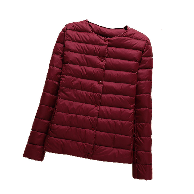 まだ家の服装の秋冬の新型の婦人服の襟がないダウンジャケットの薄い便利な丸首の修身の短い女性のダウンジャケット