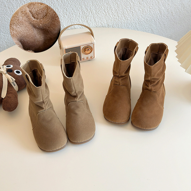 Girls' Boots 2024 Winter New Children's Shoes Girls' Double Cotton Fleece Mid-Calf Boots Leather Boots Stylish Warm Trendy