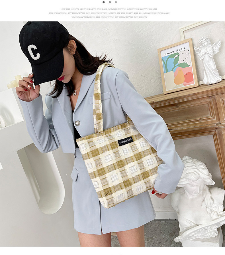 Girls' Japanese-style checkered shopping bags, zipper canvas bags, girls' Korean-style large-capacity student tote bags for class undefined