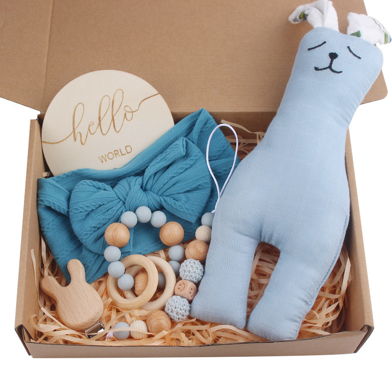 Clip de chupete de madera de haya de conejo de dibujos animados para bebés, banda para el cabello con lazo para bebés, cadena de chupete, juego de cinco piezas