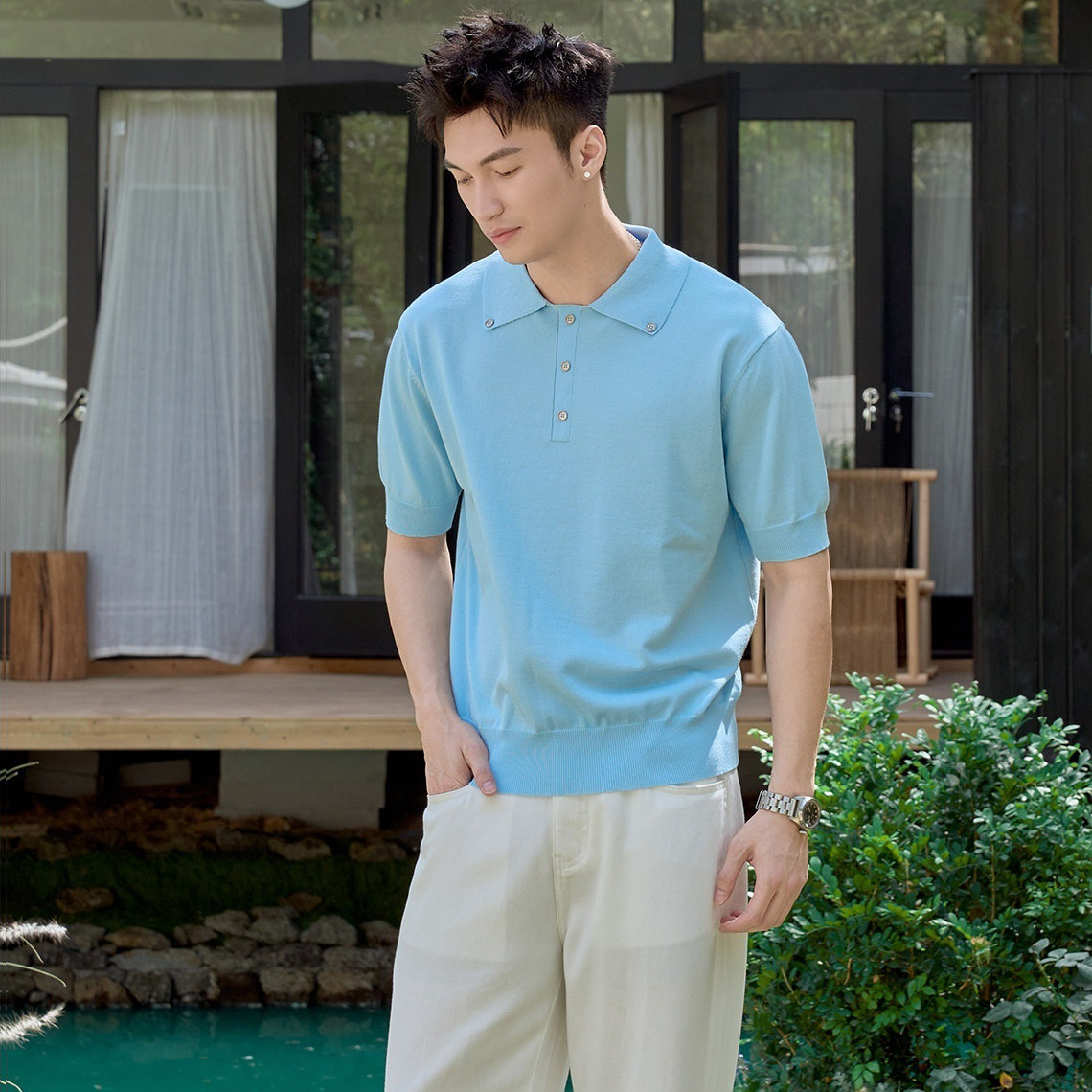 Polo camiseta de punto camiseta de manga corta botón hombre viejo dinero estilo de negocio delgado verano seda transfronteriza transpirable fábrica al por mayor