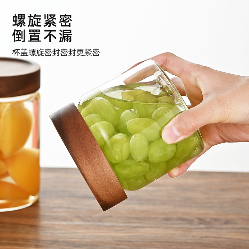 Tanque de almacenamiento de vidrio de madera de acacia Almacenamiento de cocina Té perfumado Tanque sellado de granos diversos Botella de vidrio de grado alimenticio Tarro de almacenamiento doméstico